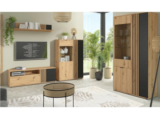 Living Room Furniture Set TV Cabinet Wall Shelf 2 Glass Display Units Ribbed Black and Oak with Slats – Vabres - image 1