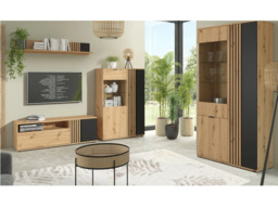 Living Room Furniture Set TV Cabinet Wall Shelf 2 Glass Display Units Ribbed Black and Oak with Slats – Vabres - thumbnail 1