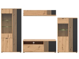 Living Room Furniture Set TV Cabinet Wall Shelf 2 Glass Display Units Ribbed Black and Oak with Slats – Vabres - thumbnail 2