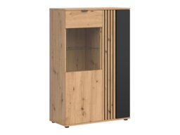 Living Room Furniture Set TV Cabinet Wall Shelf 2 Glass Display Units Ribbed Black and Oak with Slats – Vabres - thumbnail 4