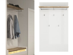 Wall Panel Coat Rack 5 Hooks Hanging Rail Shelf Hallway Storage White Gloss and Oak Effect Modern - Alameda