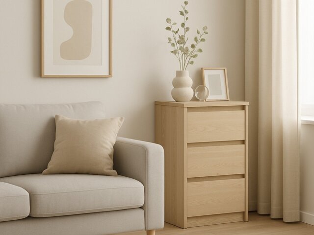 Narrow Chest of Drawers Slim Cabinet Handleless Storage Unit White Washed Oak Effect 47cm - Mana - image 1