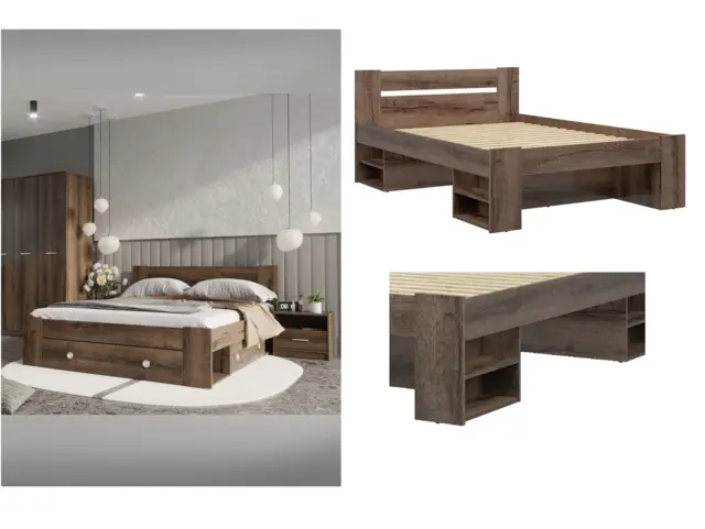Double Storage Bed Frame with Shelves in Dark Oak Effect with Euro 140cm Wooden Slats - Nepo - image 1