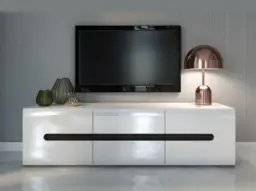 White Gloss TV Unit Wide Cabinet Entertainment Stand 150cm Media Unit with Drawers and Multi Insert - Azteca Trio - thumbnail 1