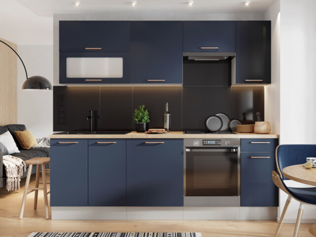 Kitchen Cabinets Set Navy Blue 7 Units Complete Cupboards 240cm Package with Glass Display - Nora - image 1