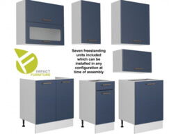 Kitchen Cabinets Set Navy Blue 7 Units Complete Cupboards 240cm Package with Glass Display - Nora - thumbnail 4