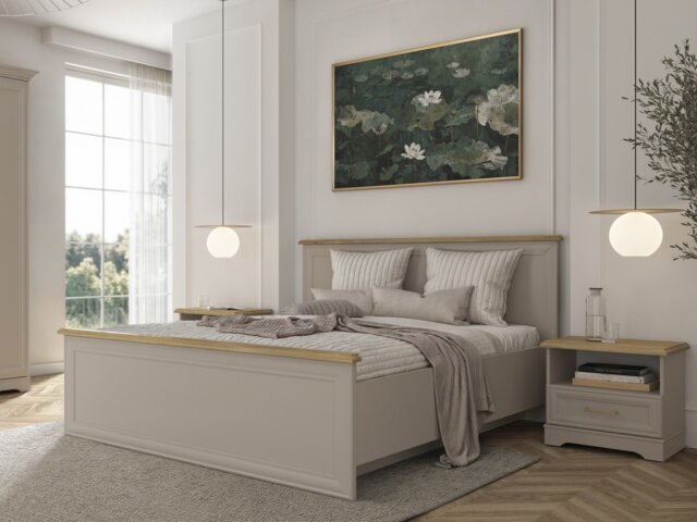 King Size Bedframe Bedside Cabinets Bedroom Set Euro 160cm Solid Wood Slats Cashmere Beige and Mauvelle Oak - Anga - image 1