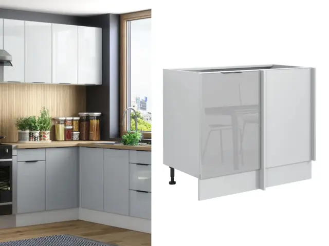 Corner Cabinet Kitchen Cupboard Base Unit Light Grey Gloss Straight Line Corner Storage L R - Star - image 1