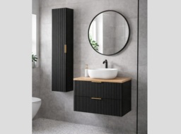 Black Bathroom Vanity Unit Oak Countertop 800mm Ribbed Textured Wall Hung Floating Cabinet - Adel - thumbnail 4