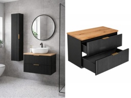 Black Bathroom Vanity Unit Oak Countertop 800mm Ribbed Textured Wall Hung Floating Cabinet - Adel