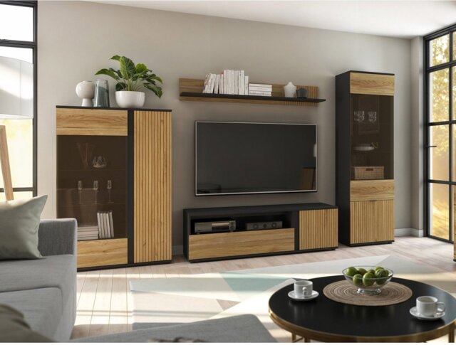 Living Room Furniture Set Modern Storage Display Units TV Cabinet Wall Shelf Black and Oak Printed Slat Effect Luen - image 1