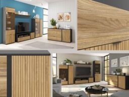 Living Room Furniture Set Modern Storage Display Units TV Cabinet Wall Shelf Black and Oak Printed Slat Effect Luen - thumbnail 3