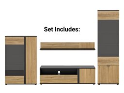 Living Room Furniture Set Modern Storage Display Units TV Cabinet Wall Shelf Black and Oak Printed Slat Effect Luen - thumbnail 2