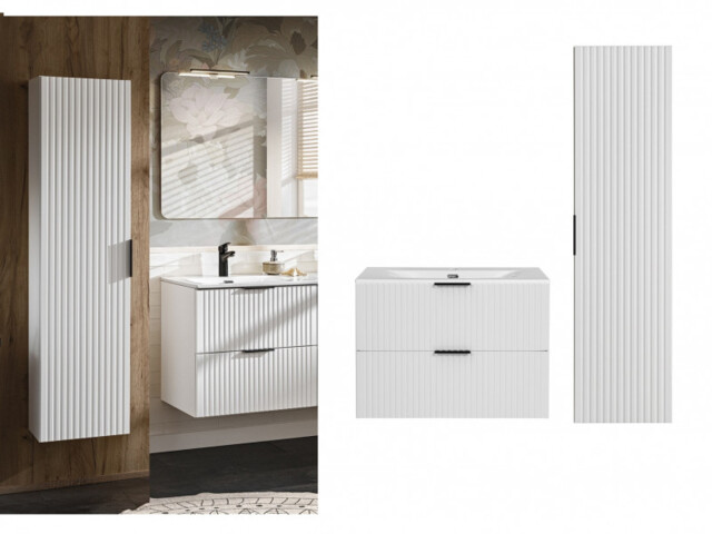 Bathroom 800mm Vanity Set Ribbed Textured White Modern Wall Hung Floating Cabinets Sink - Adel - image 1