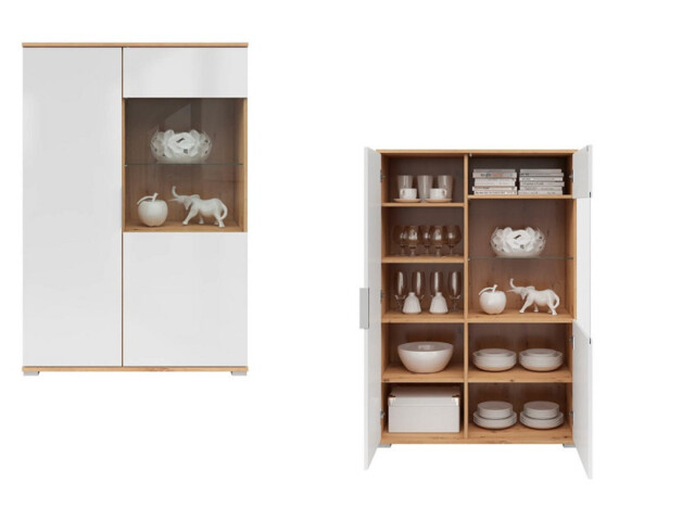 REDIRECTED Glass Display Cabinet Wide Unit Glass Doors Modern Living Room Storage White Gloss / Light Oak - Zele - image 1