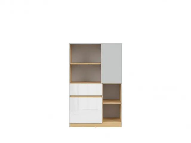 Modern Bookcase with Drawer Shelving Storage Cabinet Soft Close Display Unit White Gloss / Grey / Oak - Nandu - image 1
