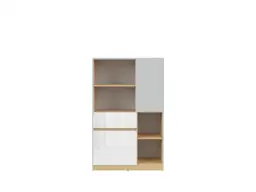 Modern Bookcase with Drawer Shelving Storage Cabinet Soft Close Display Unit White Gloss / Grey / Oak - Nandu - thumbnail 1