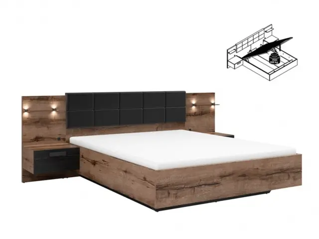 King Size Ottoman Bed Euro Frame Lift Up Storage Headboard Built in Bedsides USB LED Lights Oak Black - Kassel - image 1