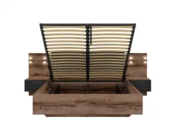 King Size Ottoman Bed Euro Frame Lift Up Storage Headboard Built in Bedsides USB LED Lights Oak Black - Kassel - thumbnail 4