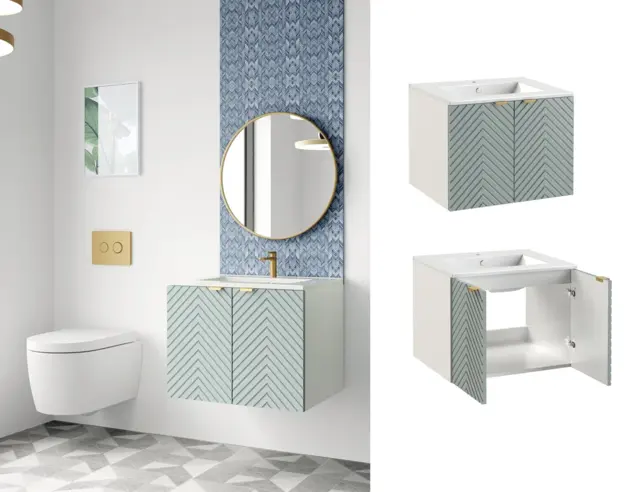 Wall Vanity Cabinet 600mm Floating Two Door Bathroom Unit Ribbed Fluted Soft Green with Inset Ceramic Sink - Cara - image 1