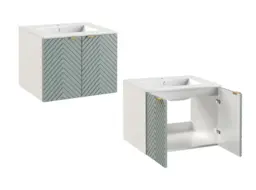 Wall Vanity Cabinet 600mm Floating Two Door Bathroom Unit Ribbed Fluted Soft Green with Inset Ceramic Sink - Cara - thumbnail 2