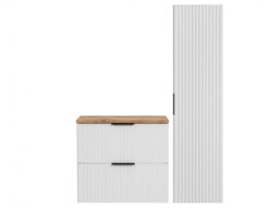 Bathroom 600mm Vanity Unit with Oak Effect Countertop and Tallboy Ribbed Textured White Wall Hung Set - Adel - thumbnail 2
