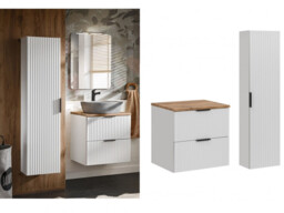 Bathroom 600mm Vanity Unit with Oak Effect Countertop and Tallboy Ribbed Textured White Wall Hung Set - Adel