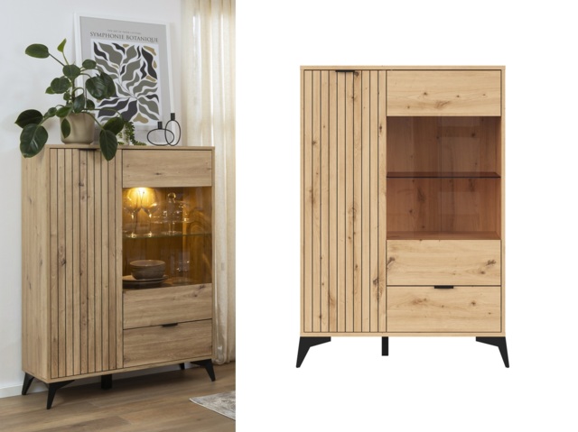 Compact Glass Display Cabinet Modern Soft Close Glazed Glass Shelves Drawer Slatted Oak Effect Black Legs – Lamea - image 1
