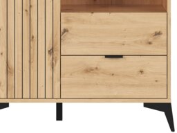Compact Glass Display Cabinet Modern Soft Close Glazed Glass Shelves Drawer Slatted Oak Effect Black Legs – Lamea - thumbnail 4