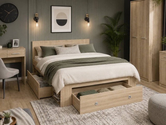 King Size Bed Frame Storage Drawers with Shelves Light Oak Sonoma Euro 160cm Solid Wood Slats - Nepo - image 1