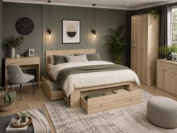 King Size Bed Frame Storage Drawers with Shelves Light Oak Sonoma Euro 160cm Solid Wood Slats - Nepo - thumbnail 3