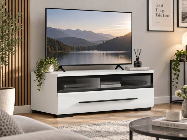 TV Unit Small Cabinet Entertainment Stand Black Glass Drawer White Gloss 100cm - Fever - image 1