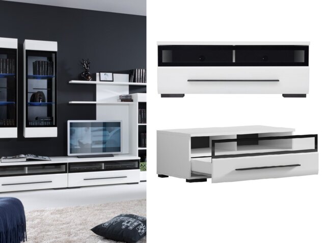 White Gloss TV Unit Modern Glass Fronted Media Bench TV Cabinet Storage 100cm White Gloss - Fever - image 1