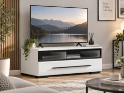 TV Unit Small Cabinet Entertainment Stand Black Glass Drawer White Gloss 100cm - Fever