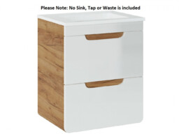 Bathroom Vanity Unit Slim Wall Mounted 50cm 500mm Sink Drawer Storage Cloakroom White Gloss Oak - Aruba - thumbnail 2