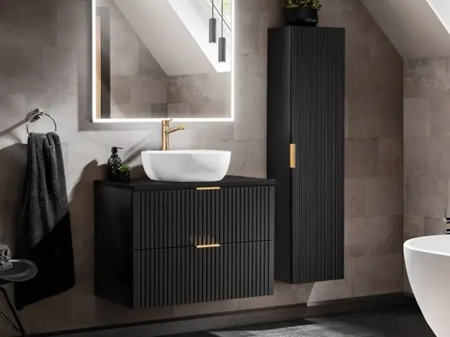 Bathroom 800mm Vanity Countertop with Sink Set Ribbed Textured Black Modern Floating - Adel - image 1