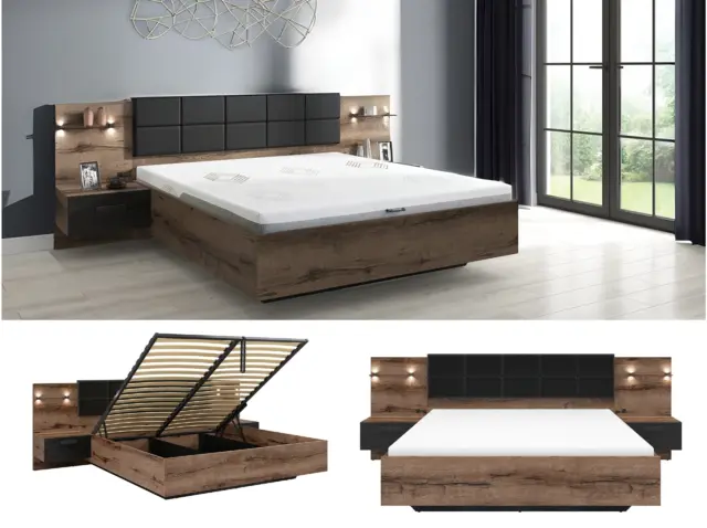 Super King Size Ottoman Bed Frame Built In Bedside Cabinets Underbed Storage USB LED Lights Oak and Black - Kassel - image 1