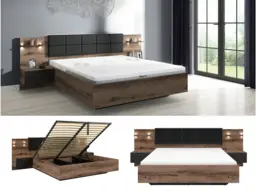 Super King Size Ottoman Bed Frame Built In Bedside Cabinets Underbed Storage USB LED Lights Oak and Black - Kassel - thumbnail 1