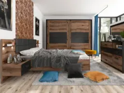 Super King Size Ottoman Bed Frame Built In Bedside Cabinets Underbed Storage USB LED Lights Oak and Black - Kassel - thumbnail 2