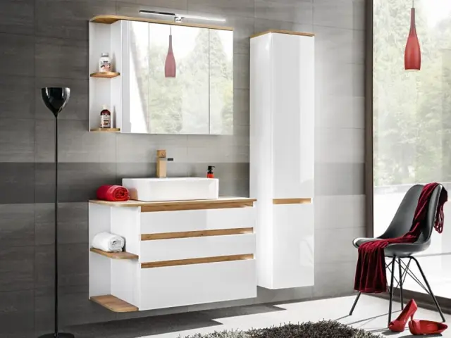 White Gloss/Oak Bathroom Furniture Set: LED Mirror, Tall Cabinet, Wall 940mm Countertop Vanity Unit, Sink - Platinum - image 1