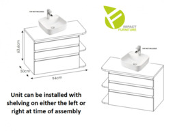 White Gloss/Oak Bathroom Furniture Set: LED Mirror, Tall Cabinet, Wall 940mm Countertop Vanity Unit, Sink - Platinum - thumbnail 4
