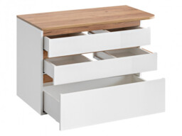 White Gloss/Oak Bathroom Furniture Set: LED Mirror, Tall Cabinet, Wall 940mm Countertop Vanity Unit, Sink - Platinum - thumbnail 3