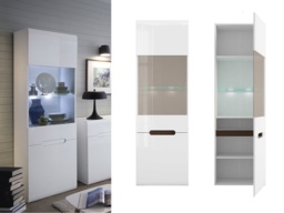 White Gloss Display Cabinet Tall Glass Showcase Slim Buffet Unit with Inserts and LED Lights - Azteca
