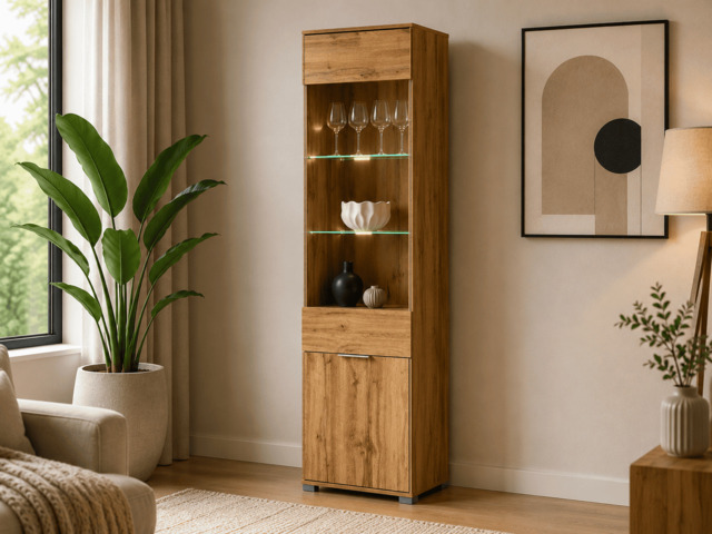 Tall Glass Fronted Display Cabinet Modern Oak Effect Unit 1 Door with LED Lights - Zele - image 1