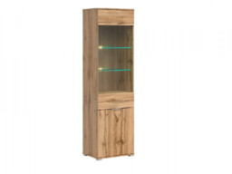 Modern Oak Effect Tall Glass Fronted 1 Door Display Cabinet Unit with LED Lights - Zele