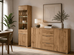 Tall Glass Fronted Display Cabinet Modern Oak Effect Unit 1 Door with LED Lights - Zele - thumbnail 2