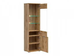 Tall Glass Fronted Display Cabinet Modern Oak Effect Unit 1 Door with LED Lights - Zele - thumbnail 4