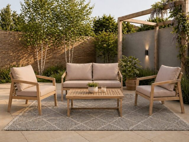 Wooden Garden Furniture Set Outdoor Lounge Sofa Chairs Coffee Table Beige Taupe Cushions Premium 4 Seater - Lido - image 1