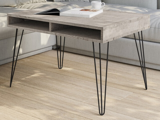 Hairpin Pin Leg Coffee Table with Storage Living Room Industrial Loft Black Metal and Platinum Grey Oak - Mare - image 1