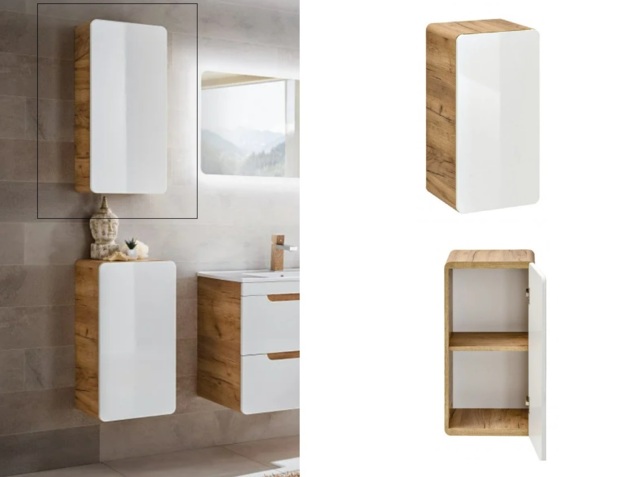 Small Bathroom Wall Cabinet White Gloss and Oak Slim Shallow Storage Unit Scandi Modern Cloakroom Unit - Aruba - image 1
